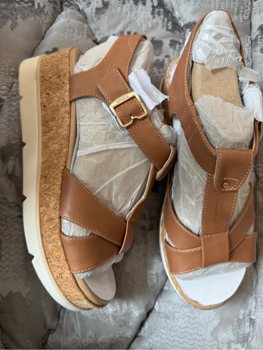 Dr. Scholl's Tan Cork Platform Sandals with Gold Buckle